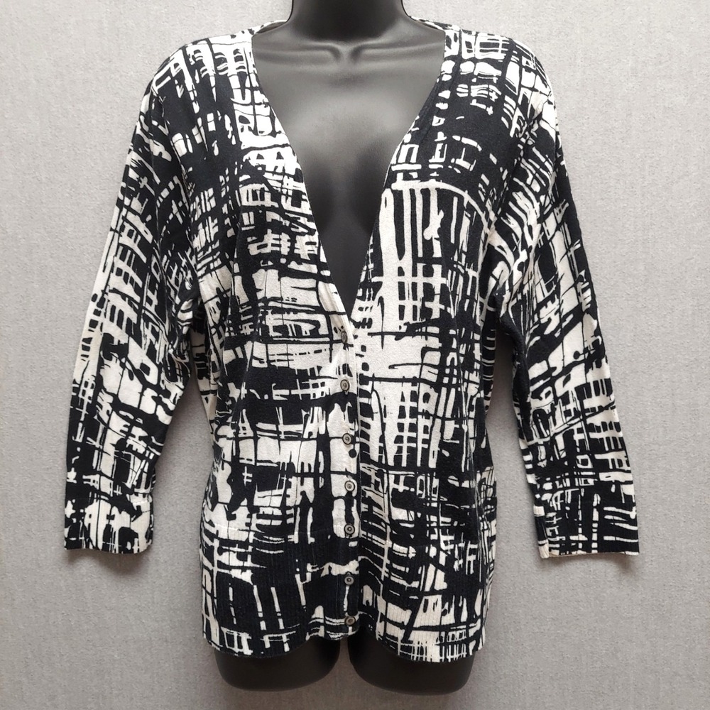 Lane Bryant Knit Cardigan 18/20 Plus Black White Abstract 3/4 Sleeve Button